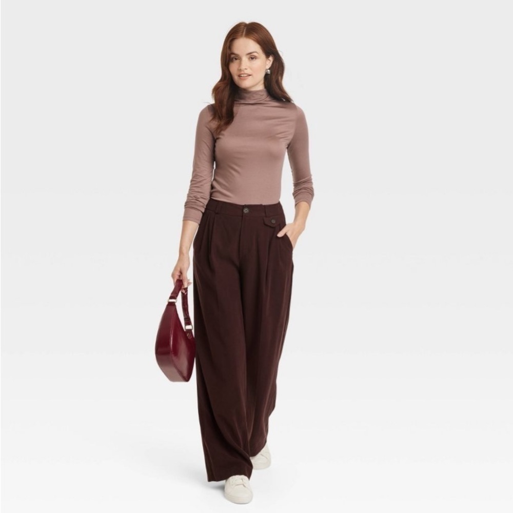 Women's Ruched Mock Turtleneck Long Sleeve T-Shirt - A New Day Tan